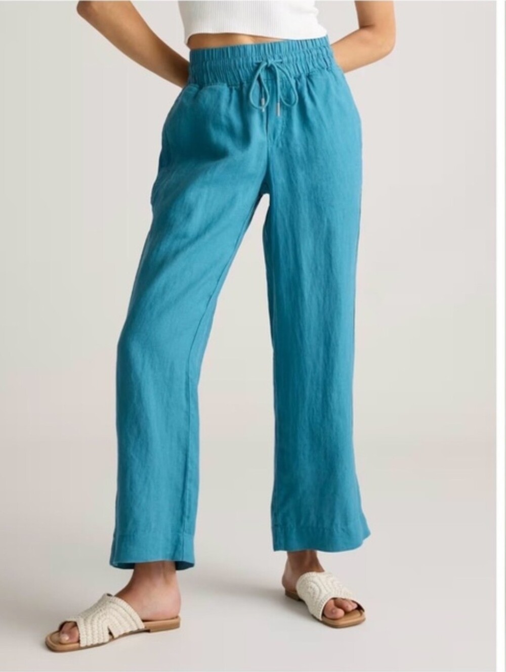 Quince Womens 100% European Linen Wide Leg Drawstring Pants Teal Blue Size M